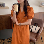 Korean Style Minimalist Puffed Sleeve Cotton Midi Dress