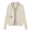 Minimalist Ivory Contrast Trim V-Neck Cardigan with Invisible Buttons