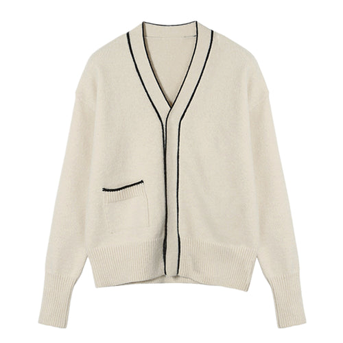 Minimalist Ivory Contrast Trim V-Neck Cardigan with Invisible Buttons