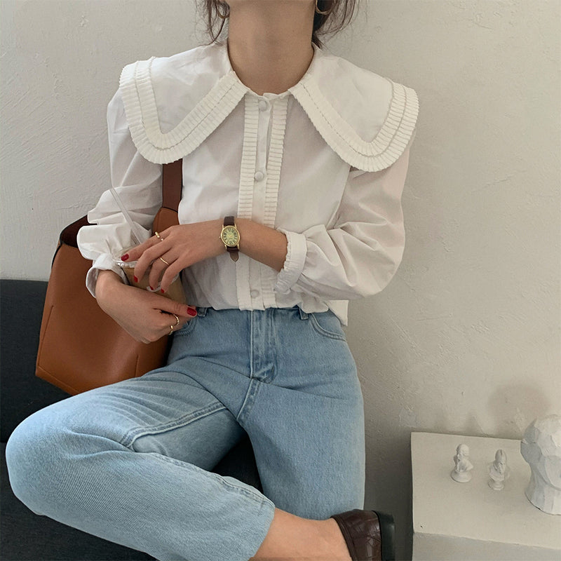 Oversized Ruffled Collar Button-Up Shirt