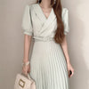 Pleated Short Sleeve Midi Dress with Belt