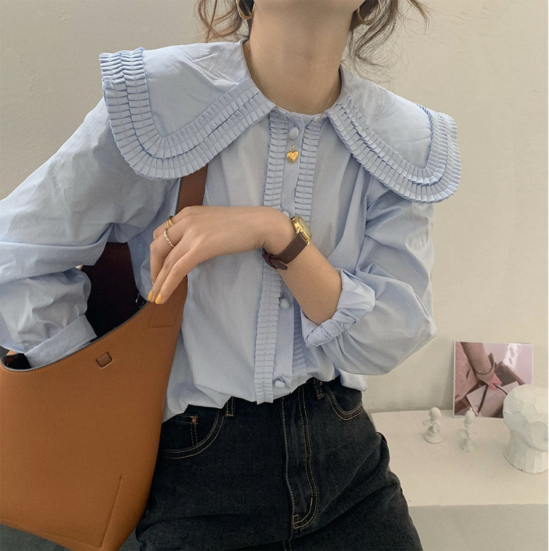 Oversized Ruffled Collar Button-Up Shirt