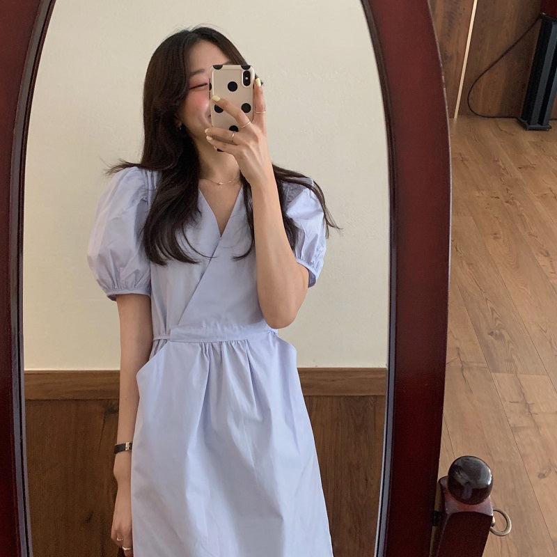 Korean Style Minimalist Puffed Sleeve Cotton Midi Dress