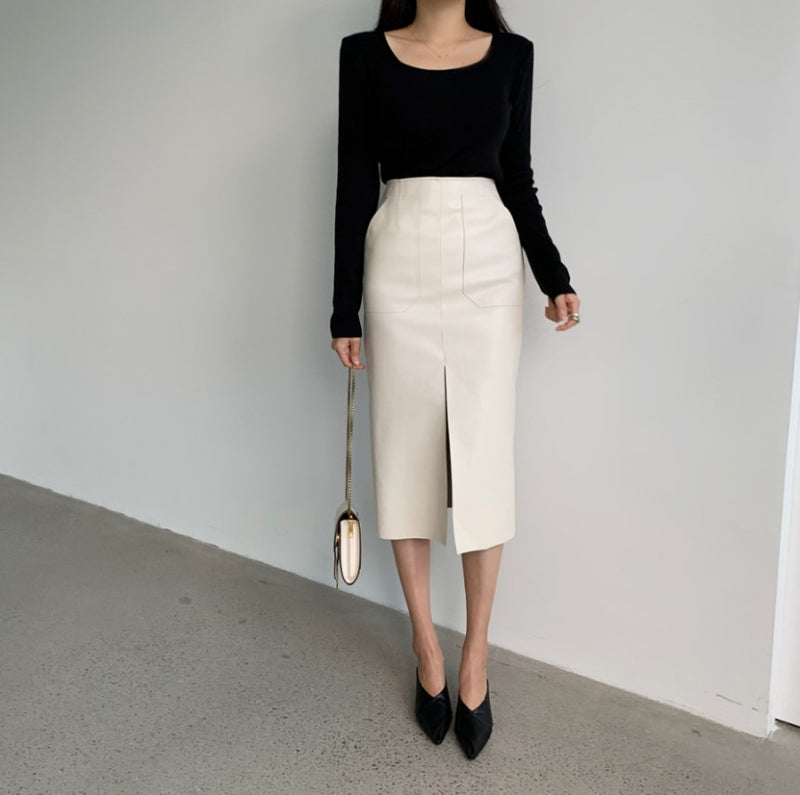 Vegan Leather Pencil Skirt with Front Vent