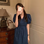 Korean Style Minimalist Puffed Sleeve Cotton Midi Dress