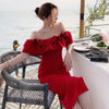 Ruffled Drop Shoulder Red Dress