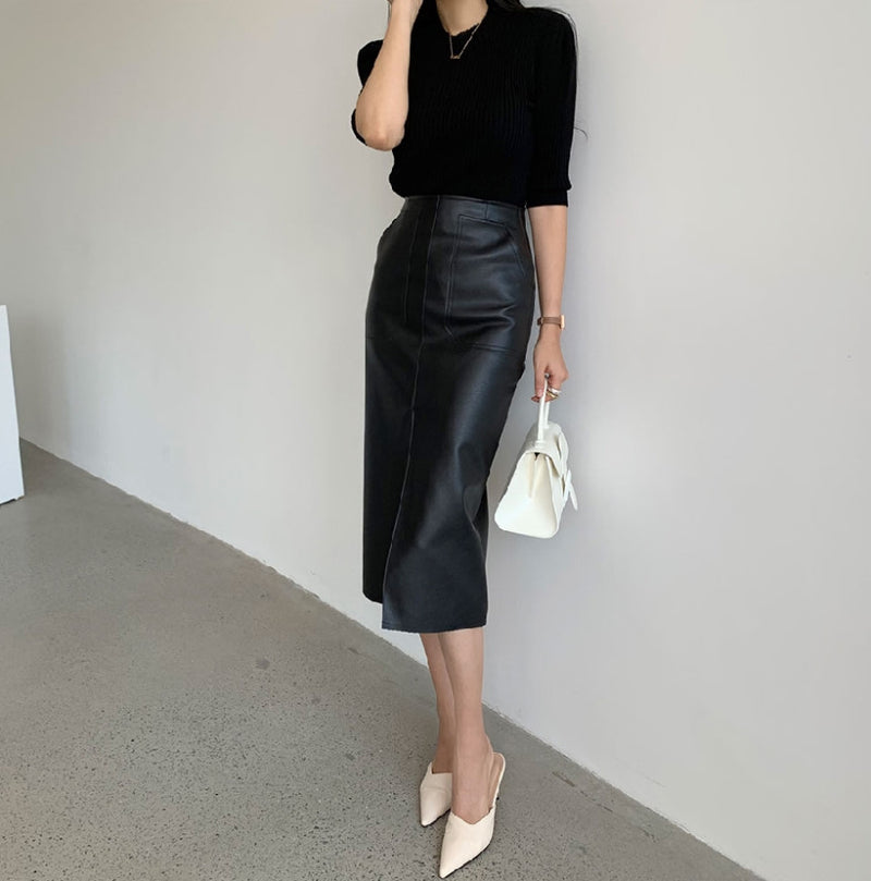 Edgy Black Faux Leather Pencil Skirt