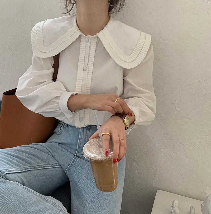 Oversized Ruffled Collar Button-Up Shirt