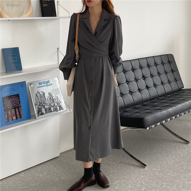 Korean Style Waist Tie Long Sleeve Shirt Dress