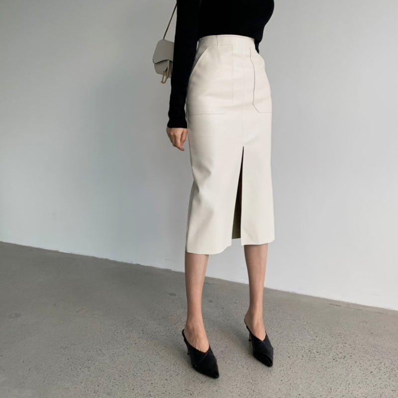 Vegan Leather Pencil Skirt with Front Vent