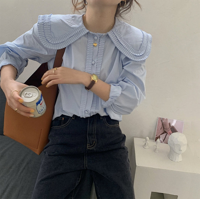 Oversized Ruffled Collar Button-Up Shirt