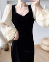 Black Velvet Dress with Organza Puffed Sleeves