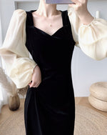 Black Velvet Dress with Organza Puffed Sleeves