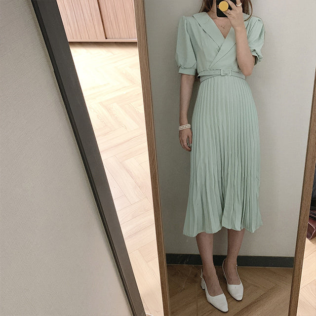 Pleated Short Sleeve Midi Dress with Belt