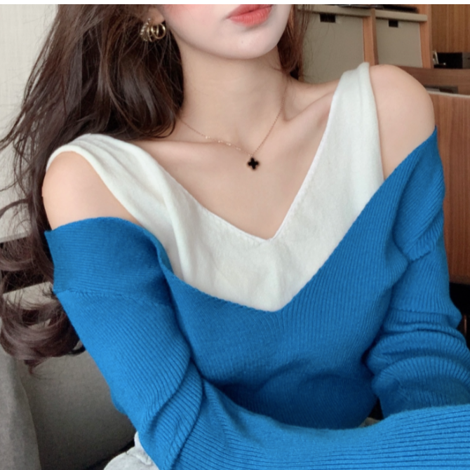 Two-in-One Cold Shoulder Color Contrast Top