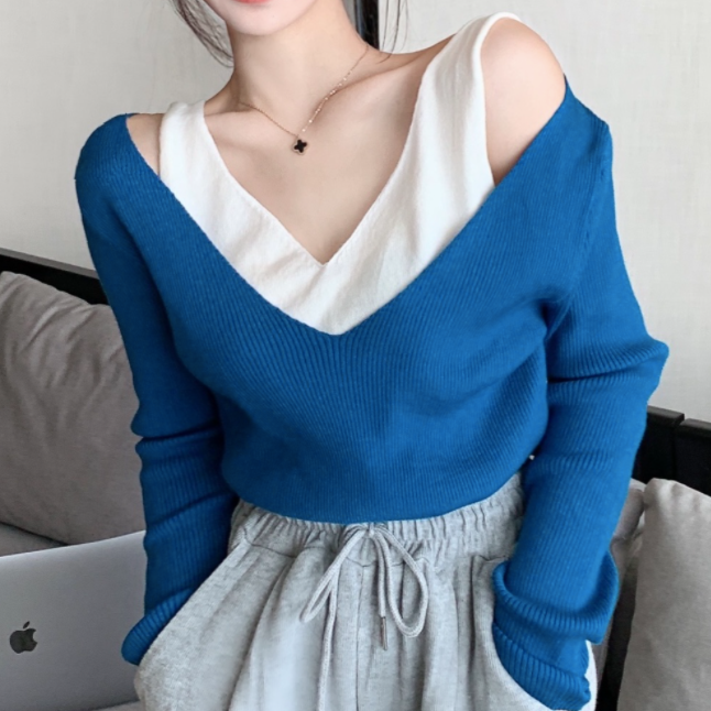 Two-in-One Cold Shoulder Color Contrast Top