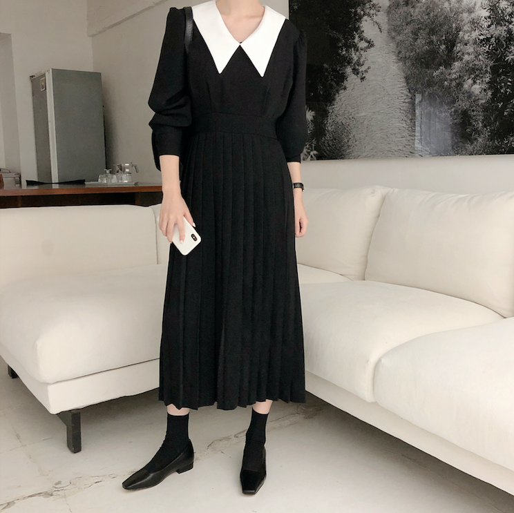Little Black Dress with White Pointed Peter Pan Collar MyDearCloset Little Black Dress with White Pointed Peter Pan Collar MyDearCloset