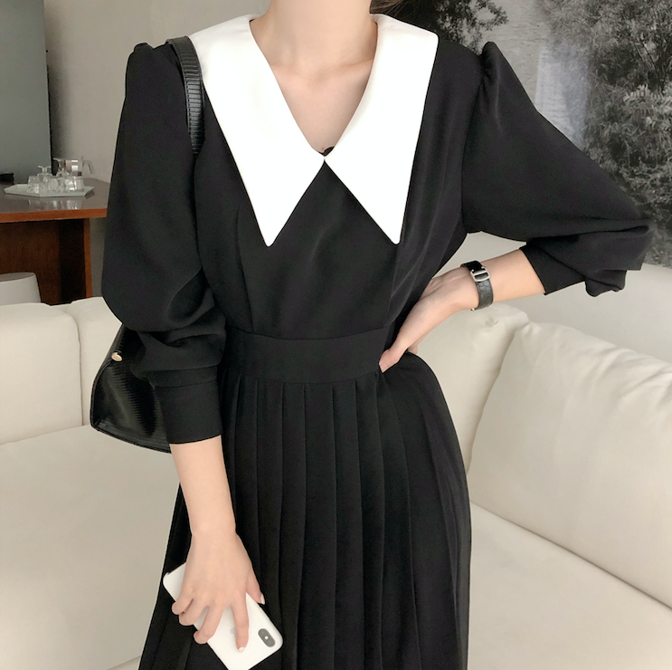 Little Black Dress with White Pointed Peter Pan Collar MyDearCloset Little Black Dress with White Pointed Peter Pan Collar MyDearCloset