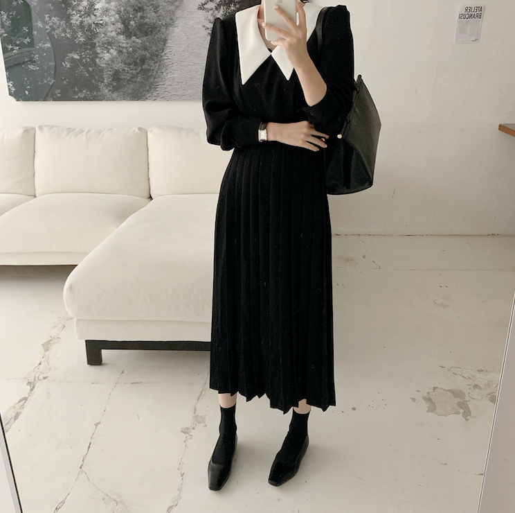 Little Black Dress with White Pointed Peter Pan Collar MyDearCloset Little Black Dress with White Pointed Peter Pan Collar MyDearCloset