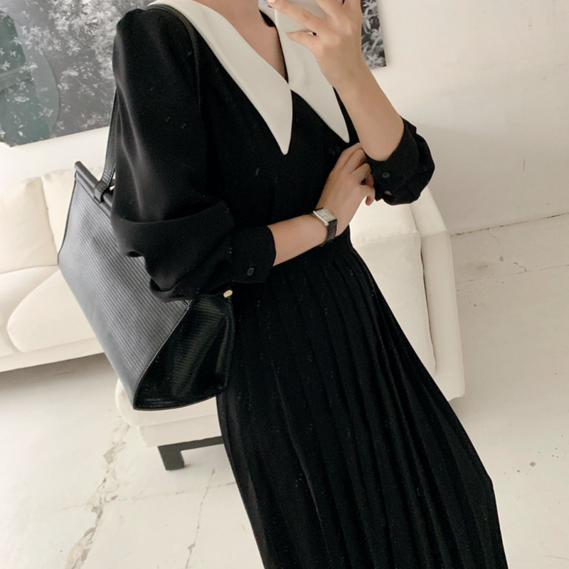 Little Black Dress with White Pointed Peter Pan Collar MyDearCloset Little Black Dress with White Pointed Peter Pan Collar MyDearCloset