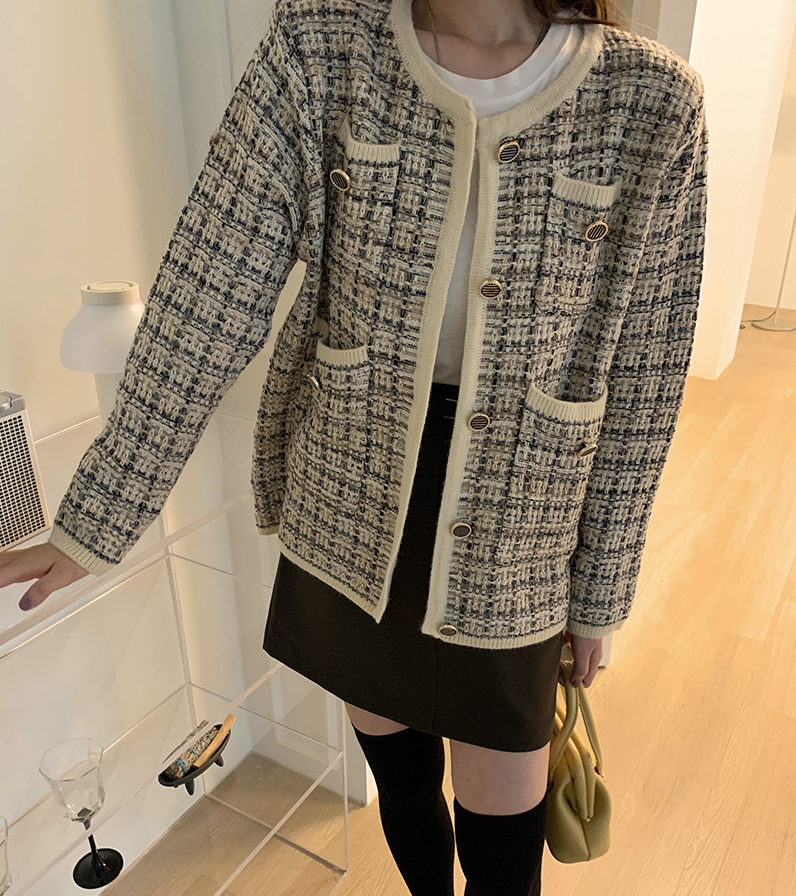 Crew Neck Multicolor Tweed Knit Cardigan