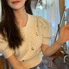 Yellow Embroidered Flower Knitted Short Sleeve Top