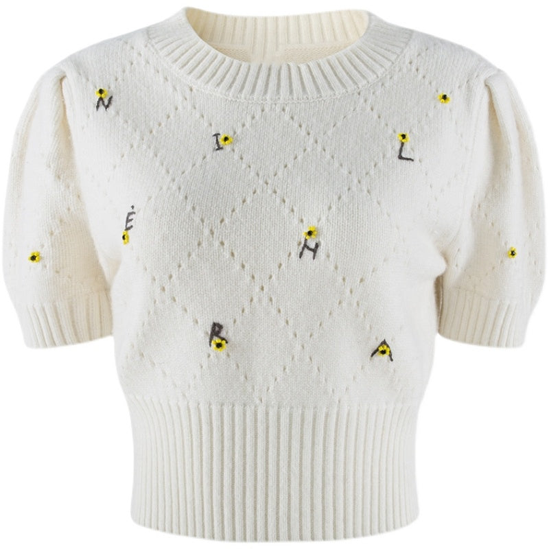 Yellow Embroidered Flower Knitted Short Sleeve Top