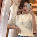 Yellow Embroidered Flower Knitted Short Sleeve Top