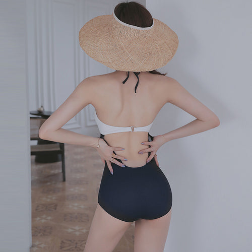 Classy Black and White String Neck One Piece Swimsuit