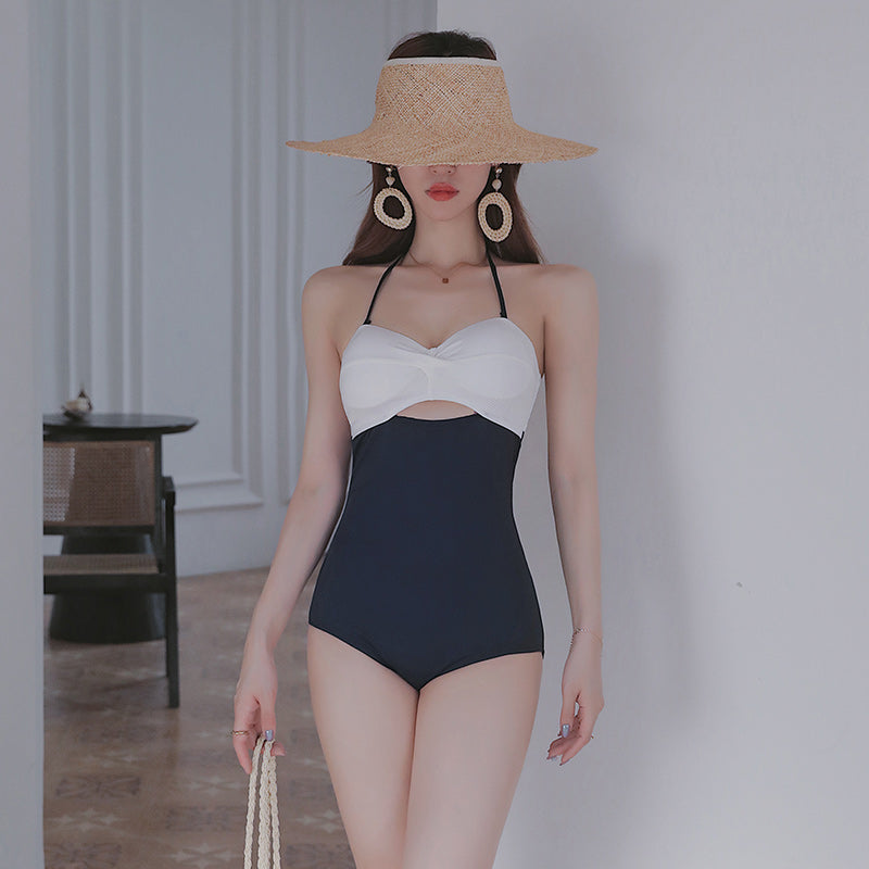 Classy Black and White String Neck One Piece Swimsuit