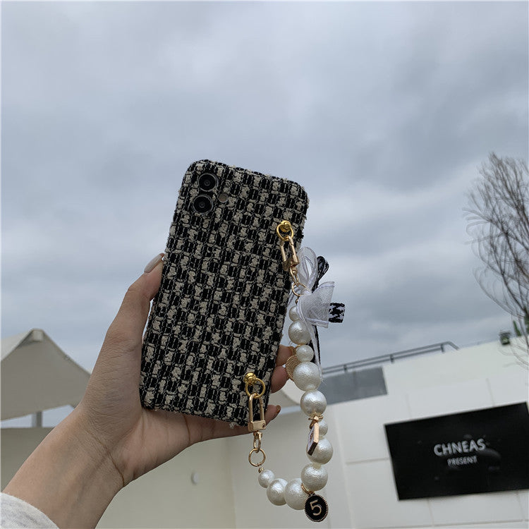 Black & White Tweed Phone Case with Faux Pearl Hand Strap