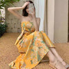 Summer Oil Painting Open Waist Strap Dress