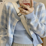 Casual Knitted Blue Grids Cardigan with Knitted Vest Set