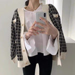 V-Neck Oversized Plaid Cardigan with Gold Button