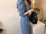 Square Neck Belted Denim Jumpsuit