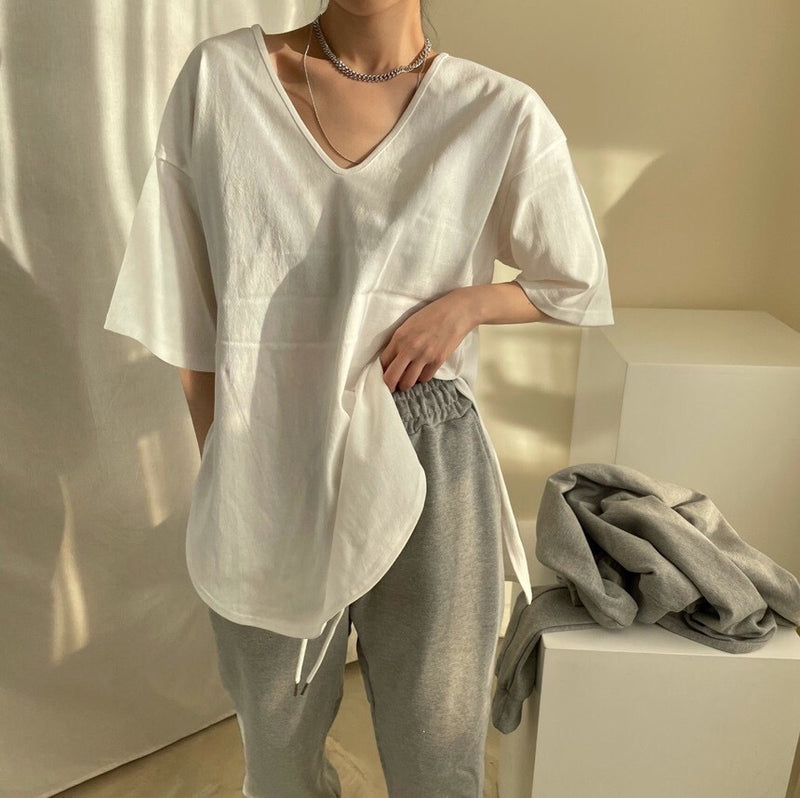 Korean Style V-Neck Oversized T-Shirt with Side Slits