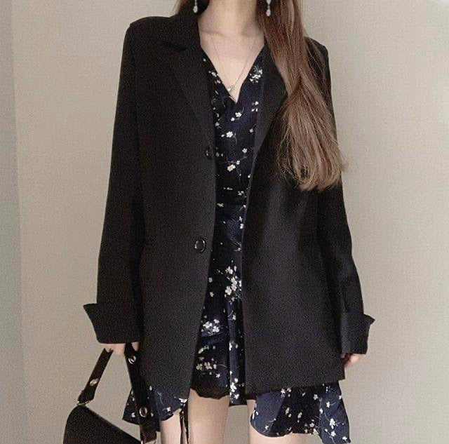 Floral V-Neck Side Drawstring Long Sleeve Dress