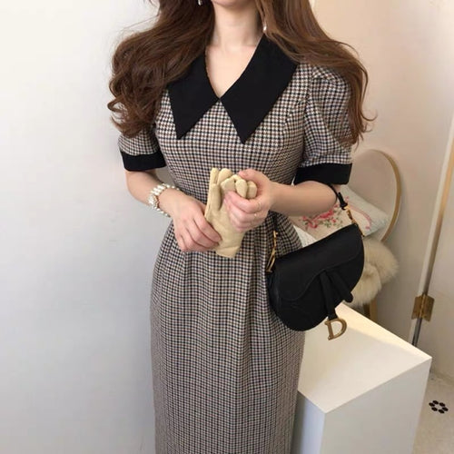 Retro Style Plaid Fitted Midi Dress with Peter Pan Collar