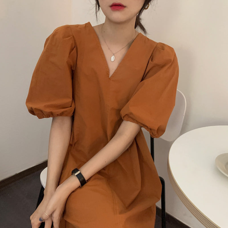 Minimalist Pumpkin-Colored Puffed Sleeve V-Neck Cotton Mini Dress