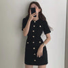 Classic Knitted Fitted Mini Dress with Shiny Metal Buttons