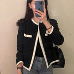 Classic Black & White Contrasting Trim Round Neck Open Front Jacket