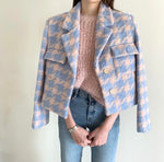 Designer Bubble Gum Houndstooth Cropped Tweed Blazer