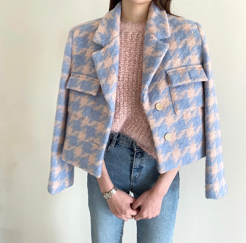Designer Bubble Gum Houndstooth Cropped Tweed Blazer – MyDearCloset