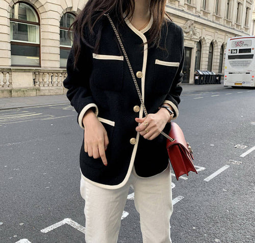 Black & White Contrast Trim Collarless Tweed Jacket