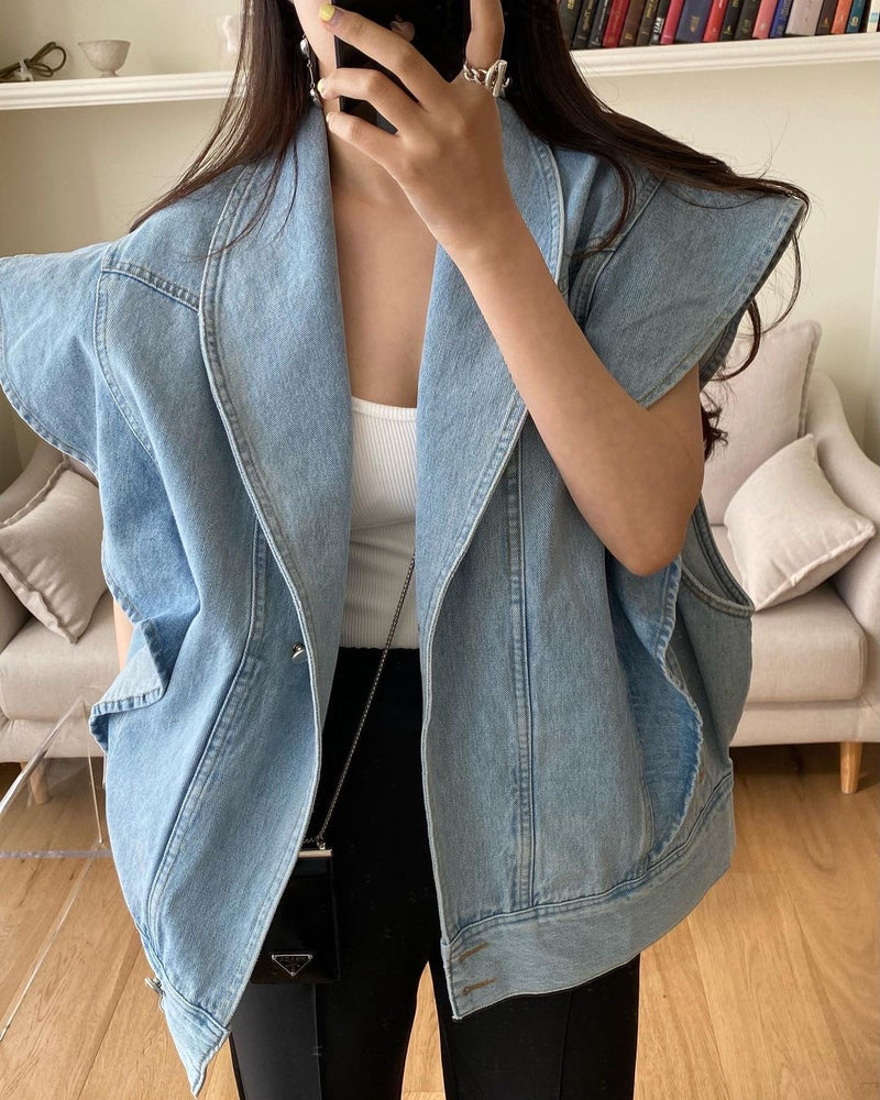 Denim Cap Sleeve Shawl Collared Vest