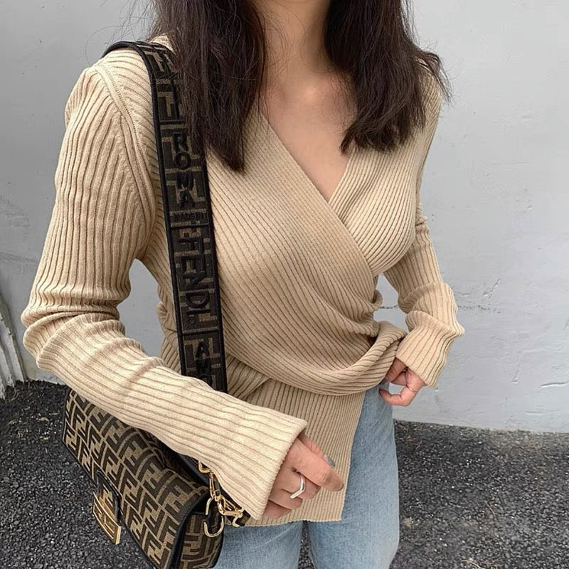 Cross-Over V-Neck Ribbed Knit Top