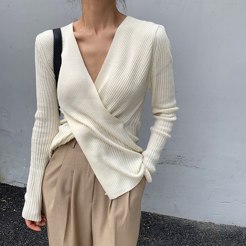 Cross-Over V-Neck Ribbed Knit Top