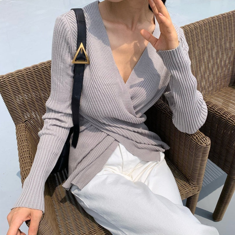 Cross-Over V-Neck Ribbed Knit Top