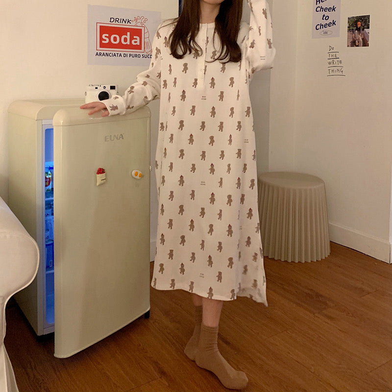 Korean Style Teddy Bear Print Long Sleeve Pajama Dress