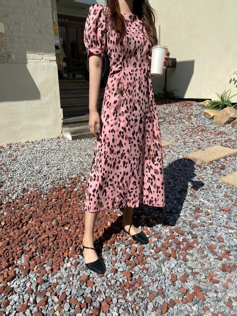 Pink Leopard Chiffon Midi Dress